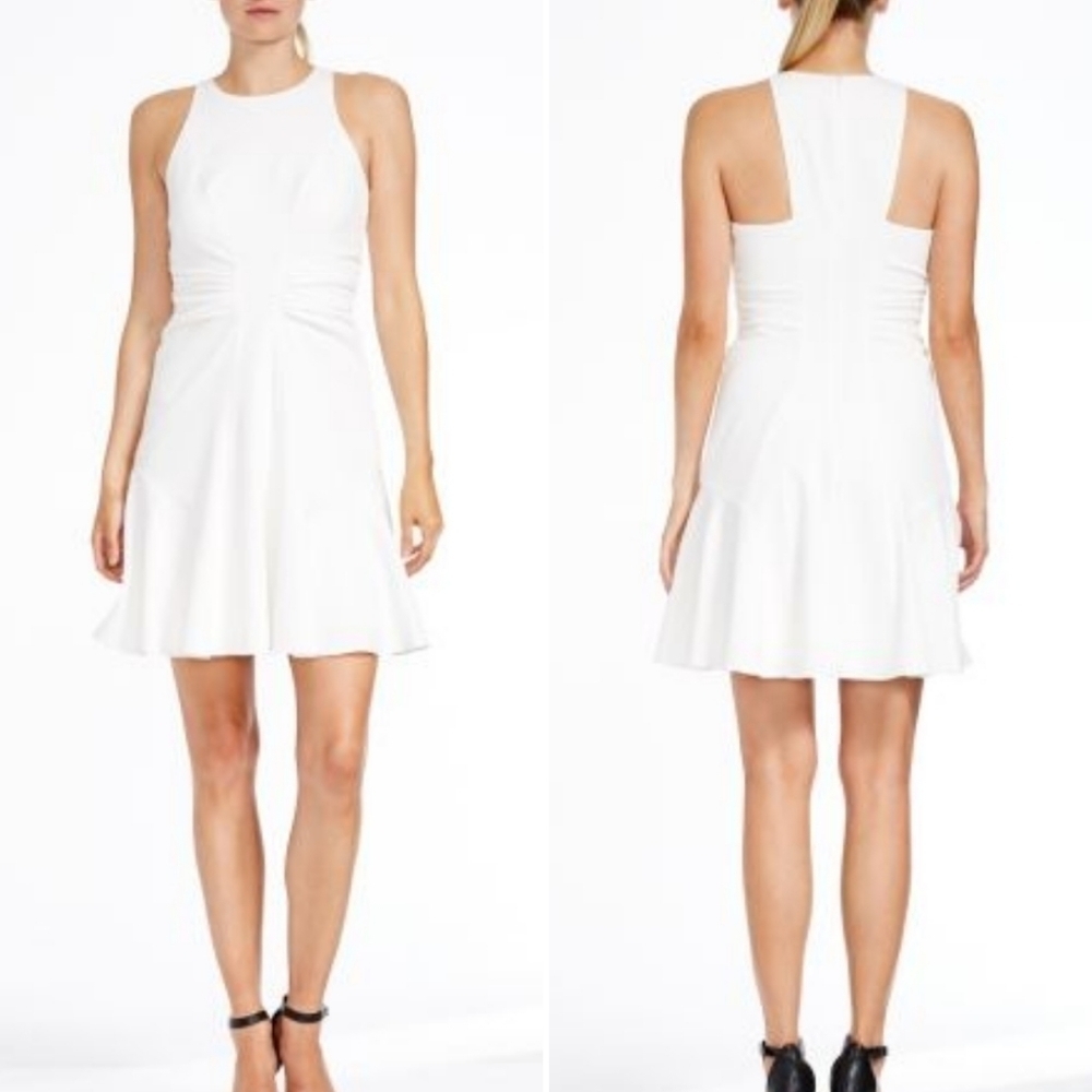 Halston Heritage high‎ neck ruched mini dress 0 NWT new white flouncy cutout